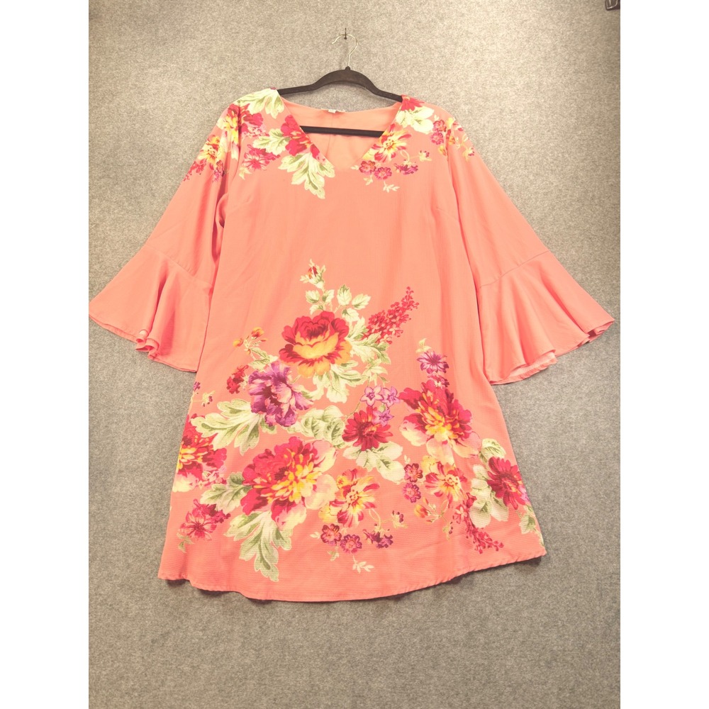 Umgee Floral V-Neck Bell Sleeve Tunic Dress Coral Pink A4090 Size S